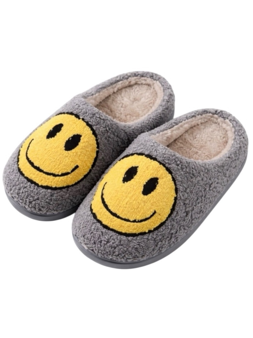 SMILEY FACE Fuzzy Plush Slippers Gray House Shoes Indoor Outdoor Cozy NWT Large